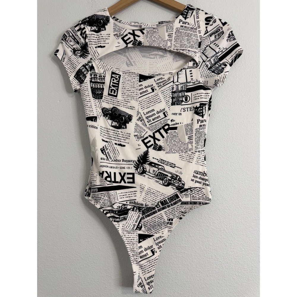 Vintage Y2K Rue 21 - Newsprint Thong Cut Out Bodysuit Size‎ Medium